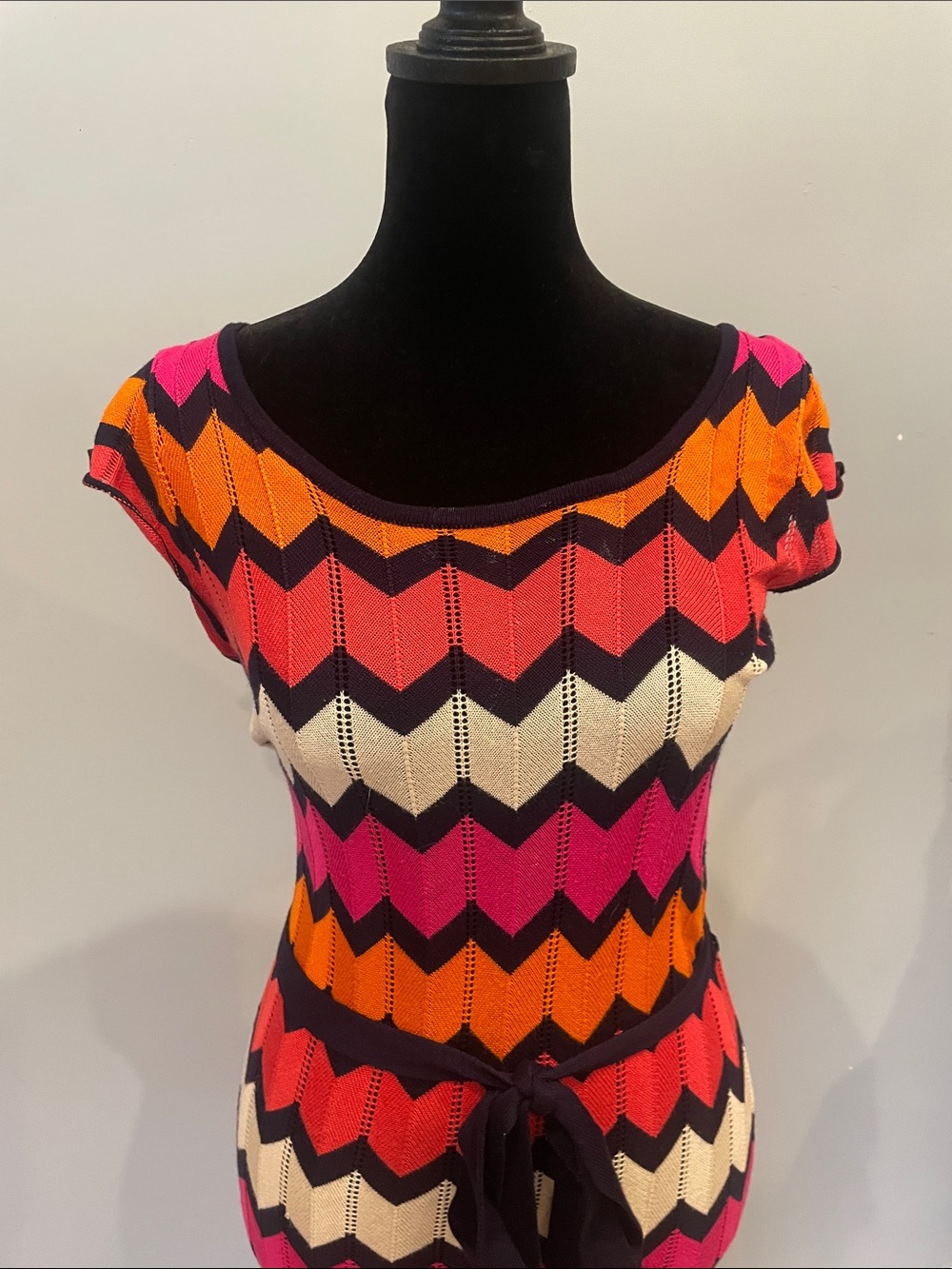 Chevron Knit Belted Midi sweater Dress in Pink, Orange & black - Picture 2 of 4